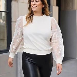 Express Sheer Floral Organza Sleeve Crew Neck Top - Ivory